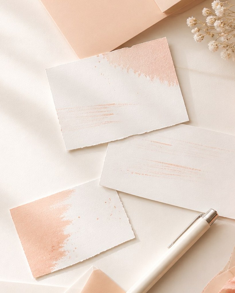 Blank note cards and a pen on a soft cream surface